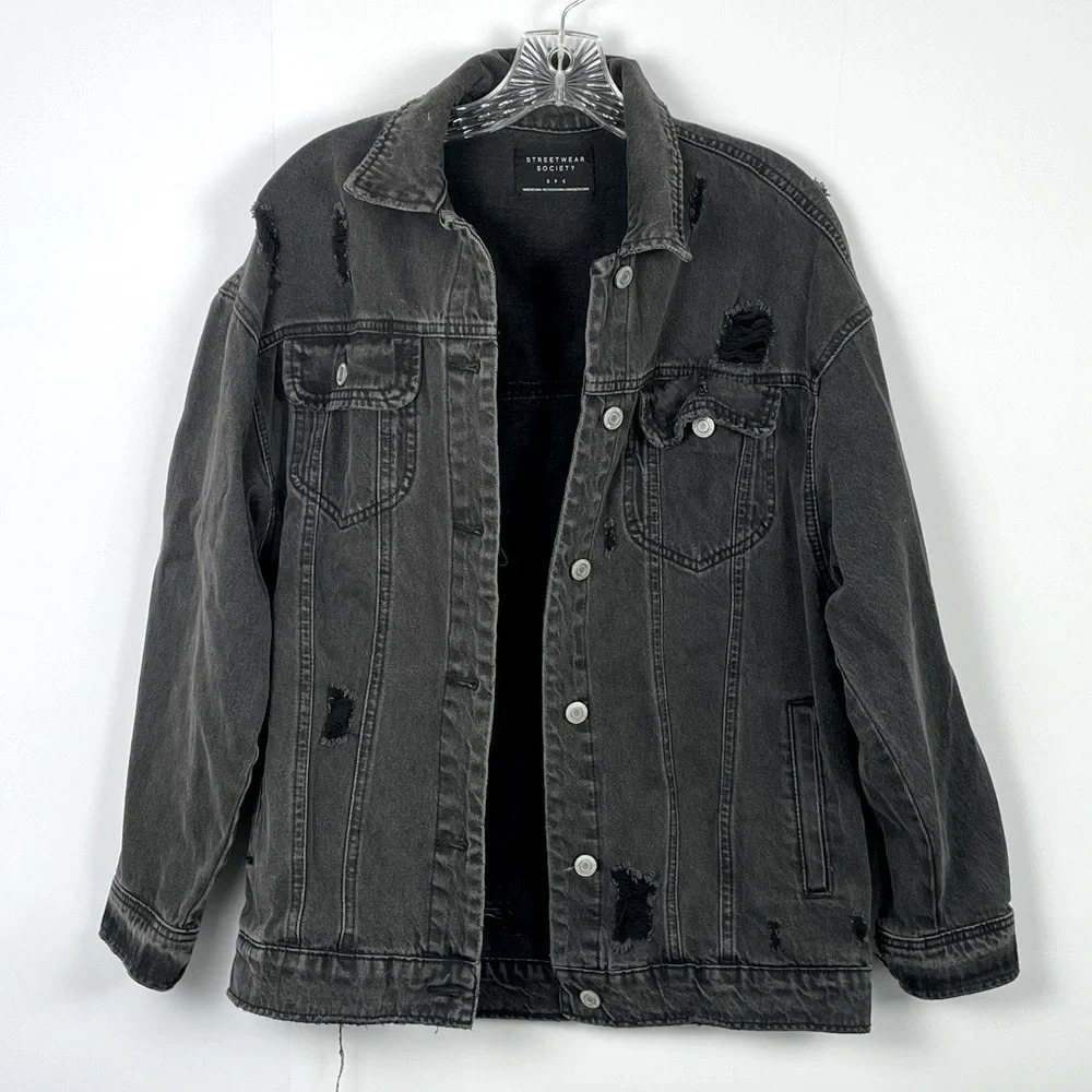 Charcoal Black Denim Jacket Oversized Size Small Distressed Grunge